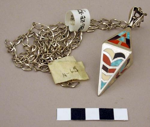 Silver chain with trapezoid-shaped pendant inlaid with stone & coral