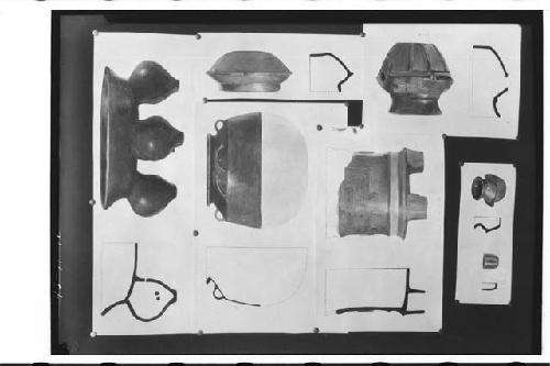 Ceramic specimens-(painting by A. Tejeda).  Top Row specimen: Over all height 12