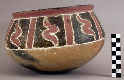 Earthenware bowl with cord-impressed and polychrome designs on exterior