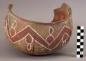Ceramic, earthenware partial vessel, bowl, polychrome slipped and cord-impressed design