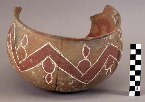 Ceramic, earthenware partial vessel, bowl, polychrome slipped and cord-impressed design