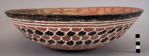 Earthenware bowl with cord-impressed and polychrome designs on exterior and polychrome designs on interior