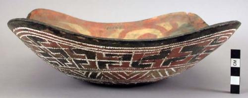 Earthenware bowl with cord-impressed and polychrome designs on exterior and polychrome designs on interior