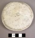 Ceramic partial lid?, base, black on white, round, collared, worn, chipped