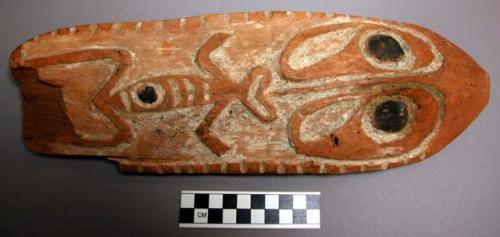 Wooden ceremonial board, traces of white pigment, black eyes, Anthropomorphic ca