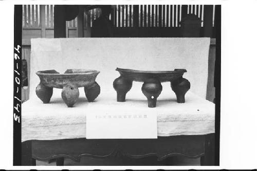 Two pottery vessels from tomb in ball court