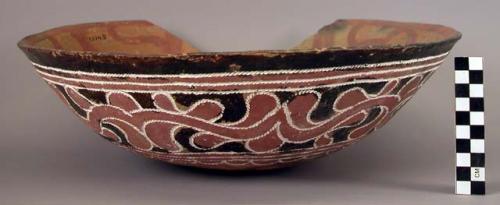 Earthenware bowl with cord-impressed and polychrome designs on exterior and polychrome designs on interior