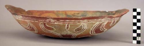 Earthenware dish with cord-impressed and polychrome designs on exterior and polychrome designs on interior