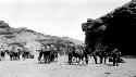 Camels and ponies by rocky outcrop