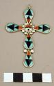 Cross pendant, silver, inlaid with turquoise, jet & coral