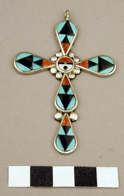 Cross pendant, silver, inlaid with turquoise, jet & coral