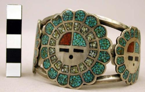 Silver cuff bracelet, 3 strands w/ sun or flower designs w/ faces, inlaid stones