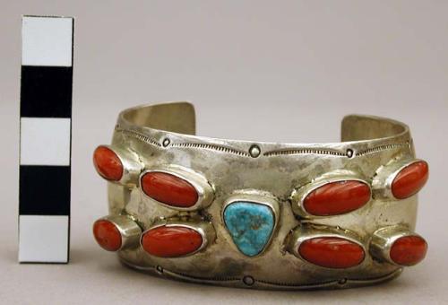 Silver cuff bracelet, stamped design, set w/ coral & turq. stones