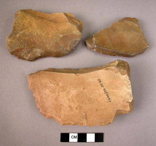 2 medium-sized & 1 large tabular-shaped stone flakes utilized as scrapers