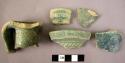 Ceramic jug sherds, thick irridescent green glaze, strap handle