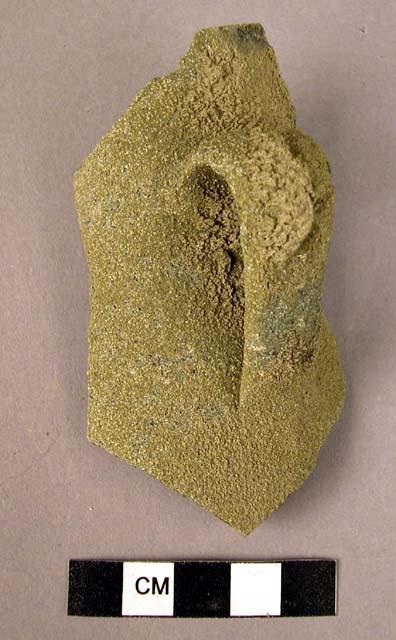 Ceramic body sherds, coarse greenish glaze, rough surface, strap handle