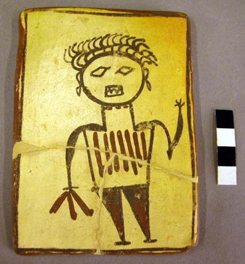 Tile, polacca polychrome style d. kachina & clown design. 12.6 x 9.0 cm.; Katsina name: Owa (the genius of the rocks)