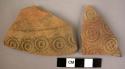 2 potsherds - red, relief, stamped