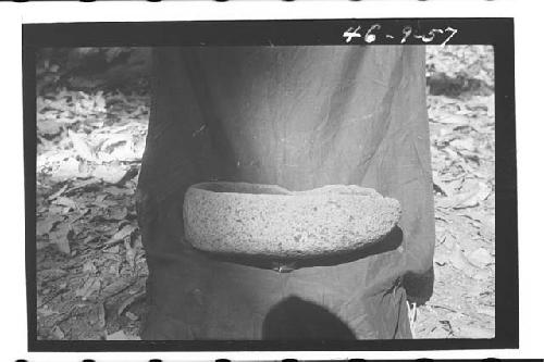 Stone metate. Length 38 cm., Ht. 12 cm., width 24 cms., Grey Volcanic stone