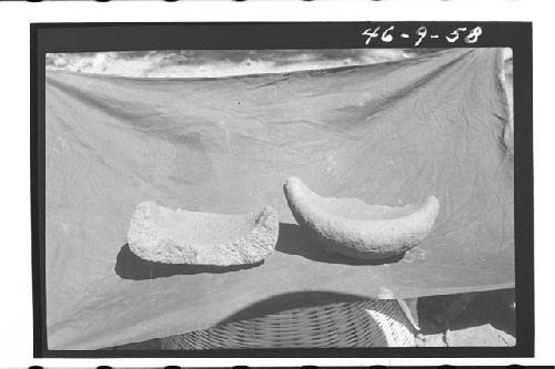 Stone metate fragments. Legless metate frags. found in fill of mound platform