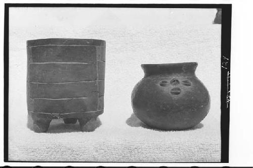 Brown cylindrical tripod and red effigy jar found together