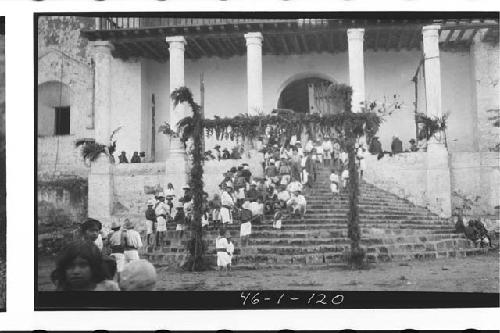 Santiago Atitlan, Guat. Church steps. Framework at back of steps decorated with