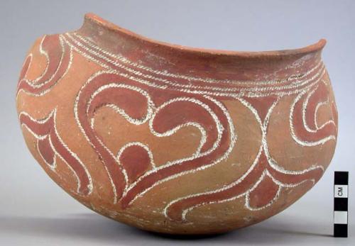 Earthenware bowl sherd with cord-impressed and polychrome designs on exterior