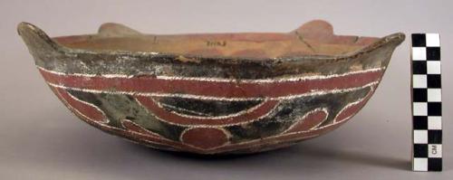 Earthenware bowl with cord-impressed and polychrome designs on exterior and polychrome designs on interior