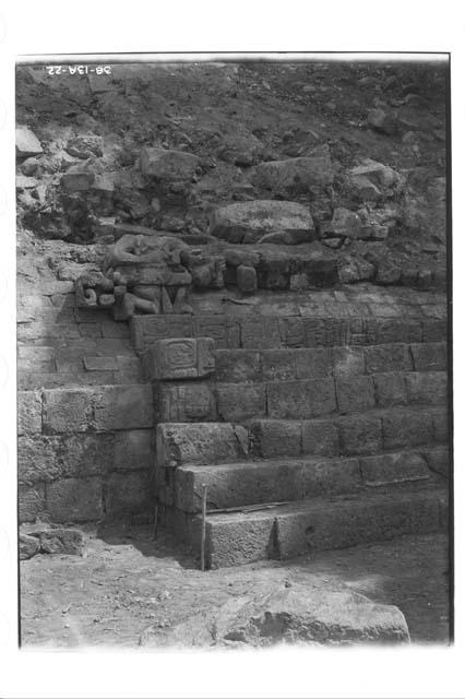 Stairway, glyphs, and sculpture on reviewing stand