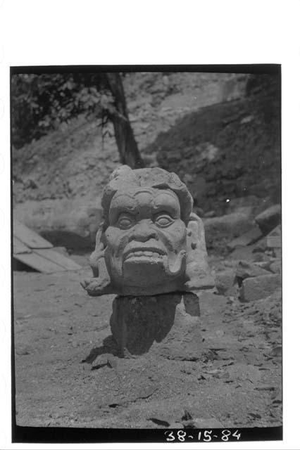 Stone head with snake protruding from mouth