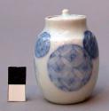 Small ceramic covered jar, blue and white
