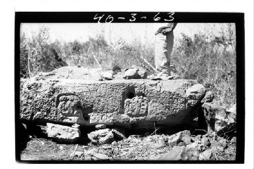 E. sculptured lintel, side (Feet to left)  N. end Ridge Group, Xkupaloma.