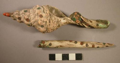 Shell object - decorated with inlaid circles of turquoise & shell; +