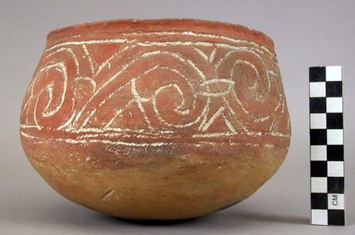 Earthenware bowl with cord-impressed designs on exterior