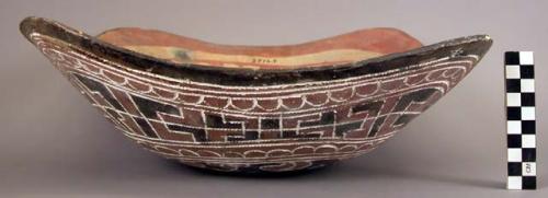 Ceramic, earthenware complete vessel, bowl, squared rim, polychrome slipped interior and exterior, cord-impressed design
