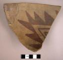 Ceramic rim sherd bowl red on tan serrated concentric triangle or diamond mended