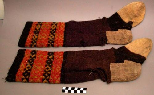 Sock, knit wool, 1 pair, brown, beige and red band design on calf, heels patched