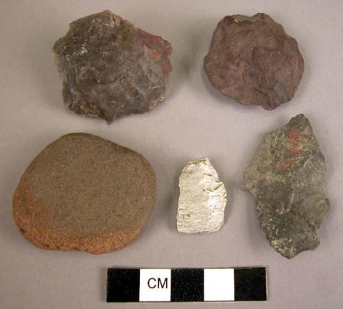 Stone cores, chips, biface, and one worked groundstone disk