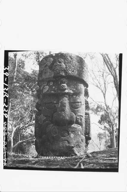 Columnar face with mouth mask from platform between East and West courts (Struct