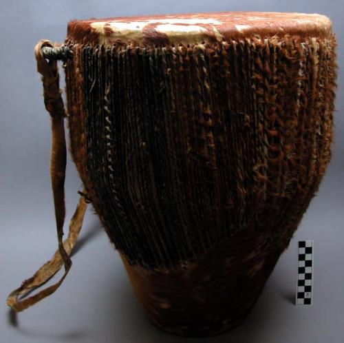 Drum, tapered base, mottled brown and tan skin head and binding, 2 handles