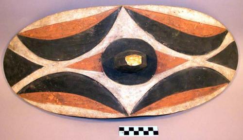 Shield, curved oval, conical projection center, incised and painted, handle back