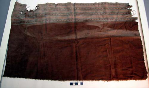 Organic, woven fiber, textile fragment, brown plainweave, brown, blue stripes