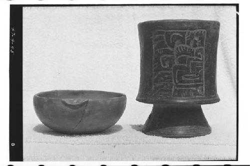 Small Tiquisite ware bowl and polished brown-black cylinder pedestaled