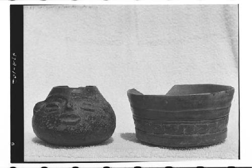 Black vessel with human face and small Tiquisite ware bowl