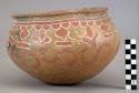 Ceramic, earthenware complete vessel, bowl, polychrome slipped exterior, cord-impressed design, pinched rim; burned base