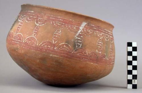 Ceramic, earthenware complete vessel, bowl, rounded base, polychrome slipped, cord-impressed design