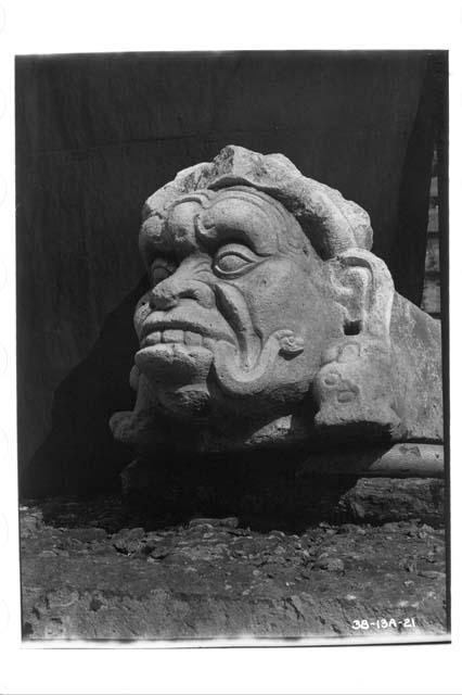 Carved head from reviewing stand