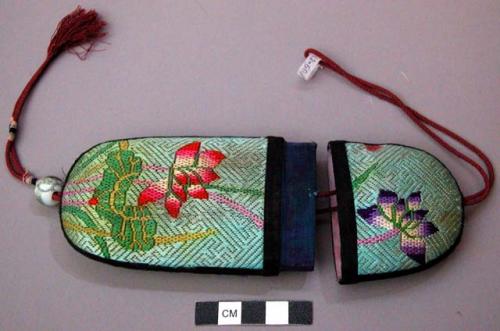 Embroidered Green Silk Eye-Glass Case, Oblong Shape