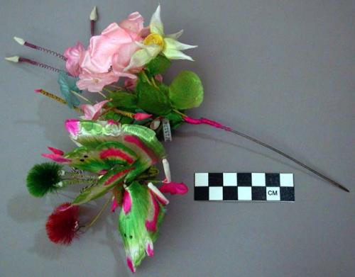 Hair Ornament with Mostly Pink Small Silk Flowers and Silk Butterfly
