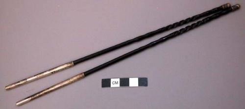 Pair of Long Decorated Wooden Chopsticks with Silver Tips and Ends from a Set